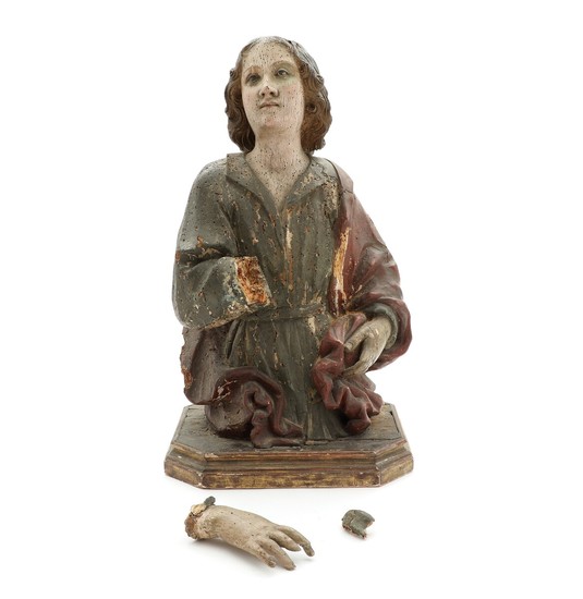 A Sainte. An 18th century carved and painted wood Baroque figure, mounted on base. H. 67 cm.