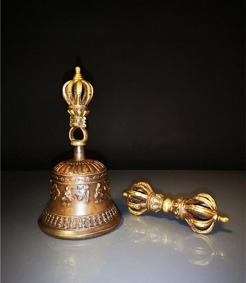 A Set of Tibetan Silver vajra bell & Vajra Pestle