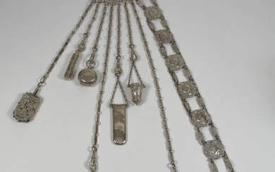 A Victorian Silvery Metal Chatelaine and Belt, the chatalaine...