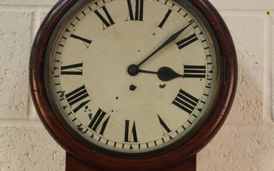 A Victorian mahogany cased drop dial wall timepiece with eight day single fusee movement, the painte