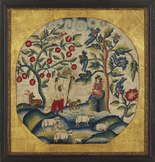 A William and Mary needlework picture, late 17th century, depicting a shepherdess holding a crook with her flock, another figure seated on a tree stump, beneath two fruiting trees, later mounted and framed, 44 x 45cm Provenance: The Geoffrey and...