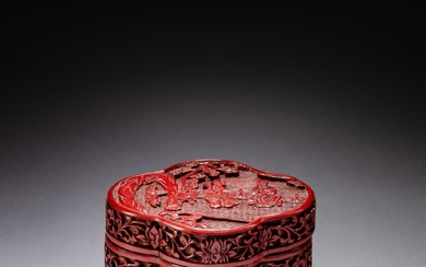 A carved cinnabar lacquer three-tiered box and cover, Ming dynasty, 16th - 17th century | 明十六至十七世紀 剔紅人物圖三層蓋盒