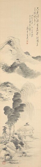 A collection of 19th century Japanese and Chinese scrolls, to include mountain scene; a miniature hanging scroll depicting birds; a calligraphy hanging scroll, a 20th century bamboo and blossom, late 19th century Chinese school depiction of an old...