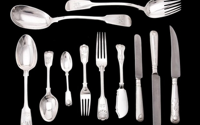 A collection of silver fiddle, shell and thread pattern flatware