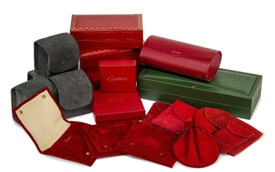 A collection of various watch boxes, including 12 red and grey Cartier service pouches, 4 sunglasses/glasses boxes, 2 gold Cartier screws, one Rolex presentation box and guarantee wallet, Various sizes, (a lot)
