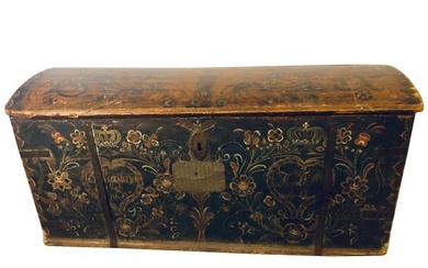 A dated, signed, inscribed 1840 incredibly detailed original painted dowry chest or trunk with