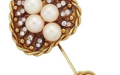 A diamond and cultured pearl sureté pin, the...