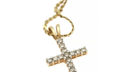 A diamond pendant in shape of a cross set with numerous brilliant-cut diamonds on a 14k gold necklace. (2)