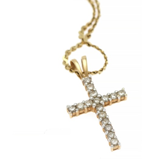 A diamond pendant in shape of a cross set with numerous brilliant-cut diamonds on a 14k gold necklace. (2)