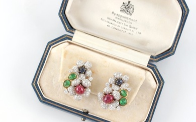 A fine pair of Continental white & yellow gold multi gem set...