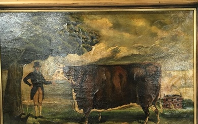 A framed oil painting on canvas study of a prize Hereford ty...