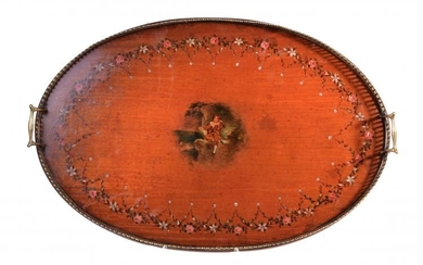A gilt metal mounted and polychrome painted satinwood twin handled tray