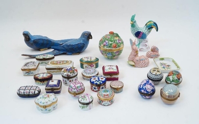 A group of Herend porcelain collectibles, 20th century, with printed factory marks, comprising: a green fish scale cockerel standing atop a rocky outcrop, 14cm high; a group of two orange fish scale bunnies nibbling on an ear of corn, 9.4cm high;...