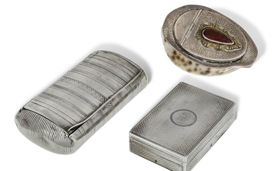 A group of three snuff boxes comprising: a George III silver example with hidden compartment, London, 1815, maker W.T., of rectangular, engine turned design with gilt interior and monogrammed cartouche to hinged lid, 4.4 x 6.4cm; a Spanish white...