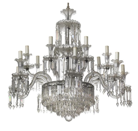 A large Bohemian glass and crystal chandelier with 14 lights in two levels, fitted with electricity. Early 20th century. H. 95 cm. Diam. 100 cm.