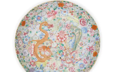 A large Chinese millefleur famille rose dish Republic period Decorated with a...