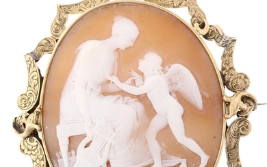 A large Victorian shell cameo brooch, relief carved depictin...