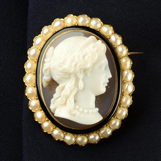 A late 19th century 18ct gold sardonyx cameo brooch, carved to depict a woman in profile, possibly