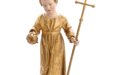 A late 19th century chalkware figure of the Child Jesus holding globe and cross. H. 86 cm.