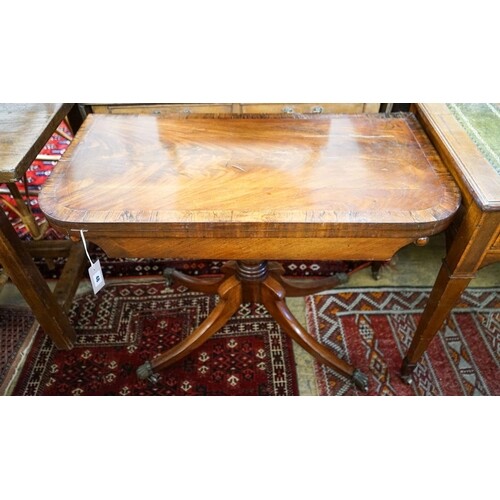 A late Regency mahogany banded folding card table, width 89c...