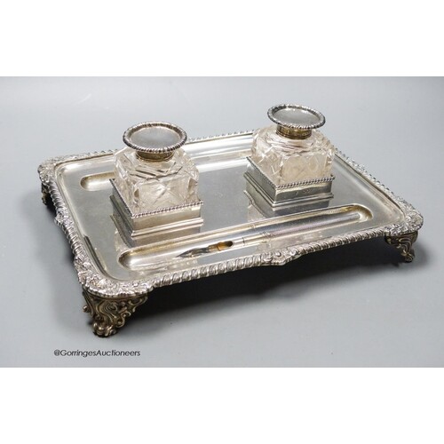 A late Victorian silver rectangular inkstand, with two mount...
