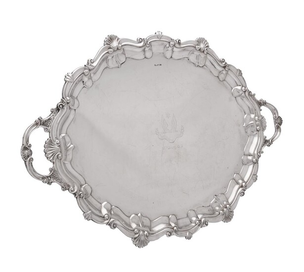 A late Victorian silver shaped oval twin handled tray by Atkin Brothers