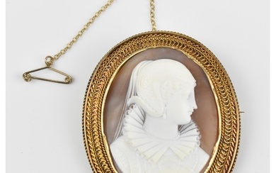 A late Victorian yellow metal mounted shell cameo brooch, ca...