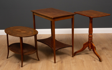 A mahogany and elm rectangular topped tripod table
