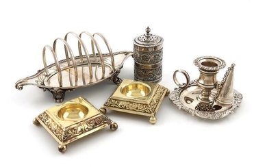 A mixed lot of Georgian and Victorian silver items, comprising: a five-bar toast rack, by Aldewinckle and Slater, London 1889, a pair of silver-gilt salt cellars, Birmingham 1877, square form, chased with animals, a small chamber stick and snuffer, by...