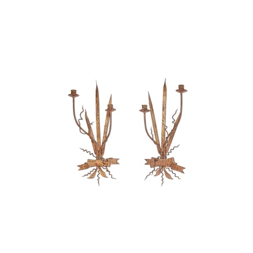 A pair of 1970's Spanish gilt metal stiff leaf twin-light wa...