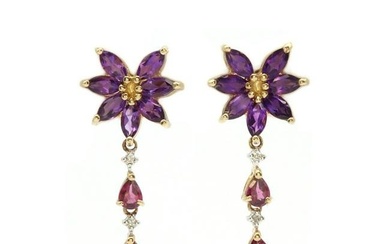 A pair of 9ct gold amethyst, garnet and diamond floral drop earrings