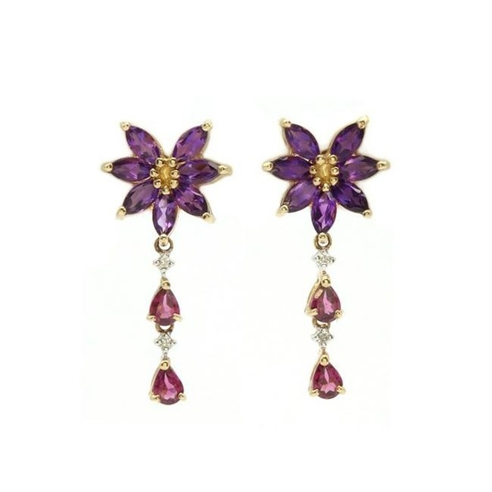 A pair of 9ct gold amethyst, garnet and diamond floral drop earrings