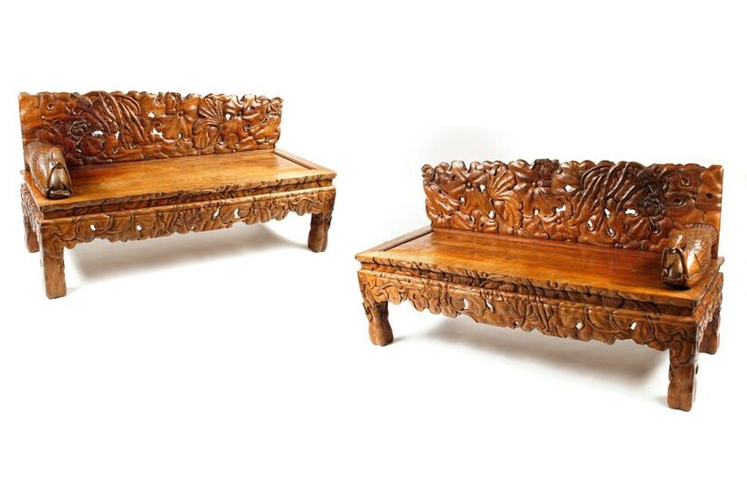 A pair of Chinese hardwood settees