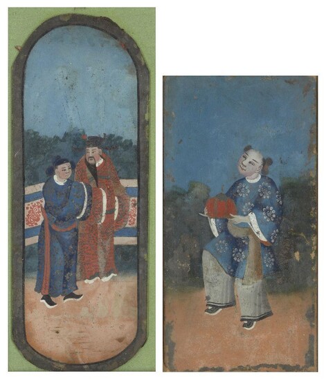 A pair of Chinese reverse glass paintings, late 19th century, one depicting two men in traditional dress, the other painted with a boy carrying a large fruit, 27.5cm-33cm long, in glazed frames (2)