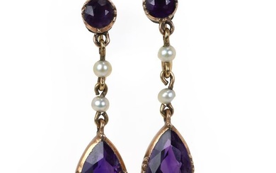 A pair of Edwardian gold amethyst and seed pearl drop earrings