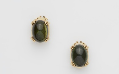A pair of Italian 18k gold and green tourmaline cabochon clip earrings.