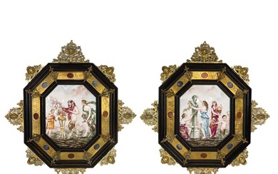A pair of Renaissance style framed Capodimonte style porcelain plaques
