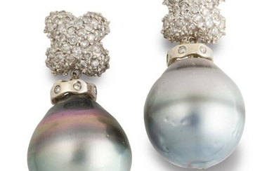 A pair of Tahitian South Sea pearl, diamond and
