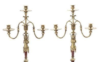 A pair of bronze and red marble candelabra, each with three branches. 19th-20th century. H. 57 cm. (2)