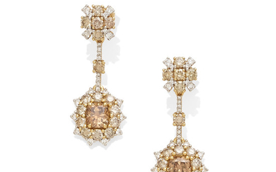 A pair of colored diamond and diamond convertible earrings