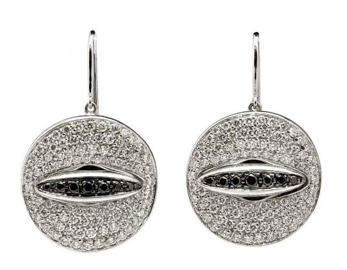 A pair of diamond earrings, Gavello, each of circular design pave-set with brilliant-cut diamonds, accented with a line of black diamonds, one signed Gavello.