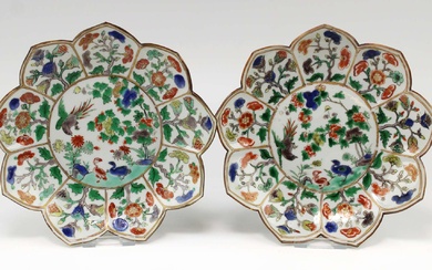 A pair of famille verte lotus-shape dishes