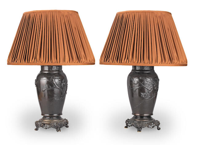 A pair of late 19th Century Japanese patinated bronze vase lamp bases