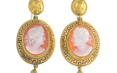 A pair of mid 19th century gold sardonyx cameo earrings.