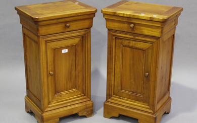 A pair of modern French cherry bedside cupboards, each fitted with a drawer and door, height 76cm, w