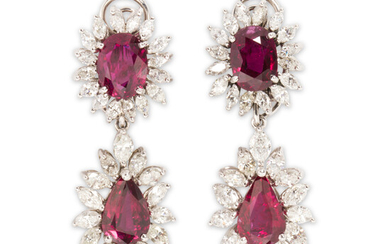 A pair of ruby, diamond and platinum earrings