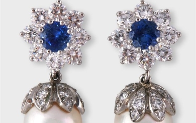A pair of sapphire, diamond, cultured pearl and platinum...