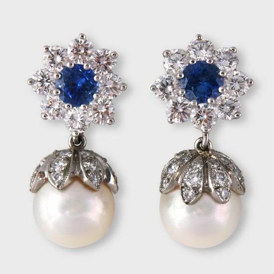 A pair of sapphire, diamond, cultured pearl and