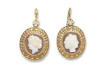 A pair of shell cameo pendent earrings