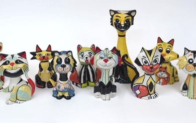 A quantity of Lorna Bailey pottery cats, 20th century and later, to include a cat with signature and printed mark 'Old Ellgreabe pottery art ware, Burslem', 12.5cm high, and other cats with multi-coloured designs, and a black and yellow glazed cat...